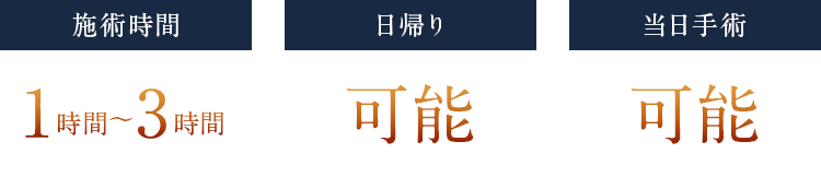 施術時間1～3時間 日帰り可能 当日手術可能