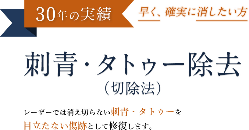 30年の実績 刺青・タトゥー除去（切除法） レーザーでは消え切らない刺青・タトゥーを目立たない傷跡として修復します。