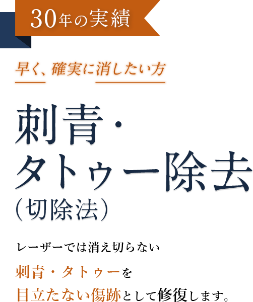 30年の実績 刺青・タトゥー除去（切除法） レーザーでは消え切らない刺青・タトゥーを目立たない傷跡として修復します。